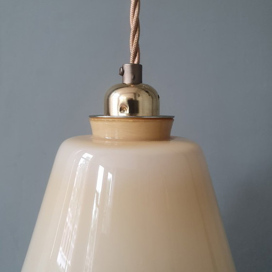 Image 1 of Large Vintage Opaline Conical Pendant Lamp in Amber / Soft Yellow Art Deco Style
