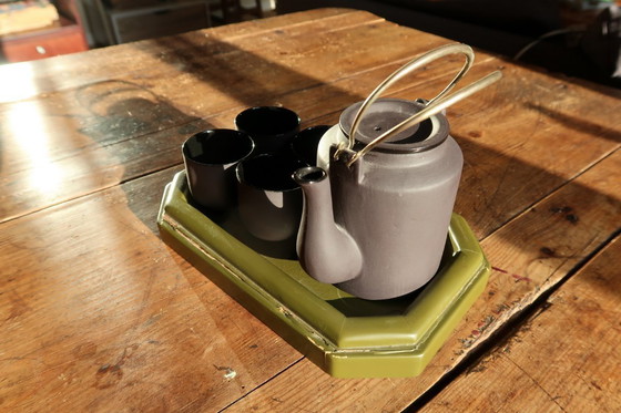 Image 1 of Vintage 1970s Vietnamese Ceramic Tea Set with Lacquered Tray, Hanoi – Minimalist - 2C30