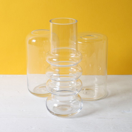 Image 1 of Set of 3 Small Clear Glass Designer Vases / Sweden / 2000s