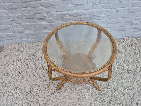 Image 1 of Elegant Bamboo Side Table with Woven Magazine Rack and Textured Glass Top. The Netherlands, 1950s-1960s.