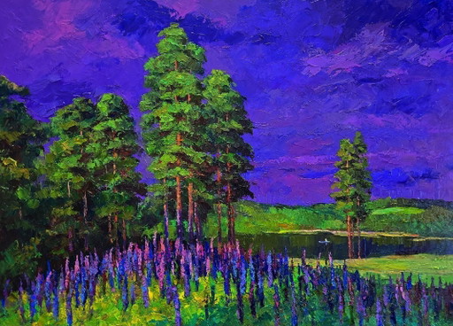 Dipinto ad olio originale: Paesaggio naturale, prato, lago, fiori vicino alla foresta.