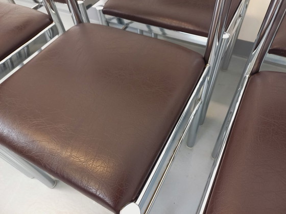 Image 1 of Set di 6 sedie vintage anni '70 in metallo cromato e similpelle marrone