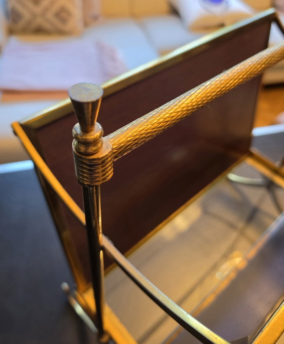 Vintage 1940s Magazine Rack Attributed to Maison Jansen – Brass, Wood (photo 7 of 9)