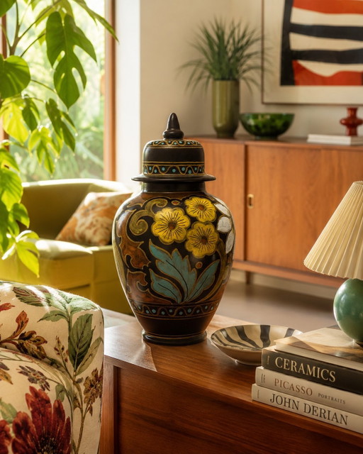 Royal Plateel Zuid-Holland “Lotea” Hand-Painted Lidded Vase
Gouda, The Netherlands, circa 1920s–1930s