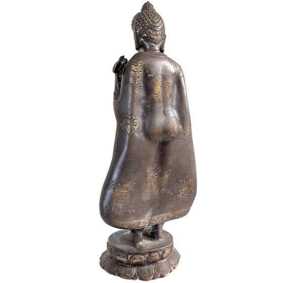 Le Maître de la Compassion – Grande Statue en Bronze du Bouddha Debout – Népal – 27,5 cm – Sculptures (photo 6 of 10)