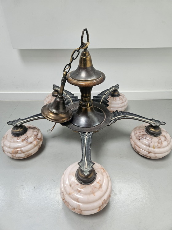 Art Deco Chandelier Hagenauer style 1920s/30s, Pendant lamps, Bronze, Glass, Pink (photo 2 of 13)
