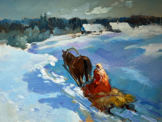 Image 1 of Original Oil Painting Winter Field Landscape Returning home on a winter evening
