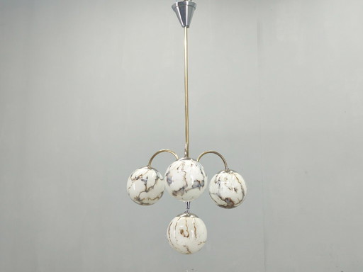 Art Deco Chandelier, Marble Glass, Brass & Chrome, 1930s