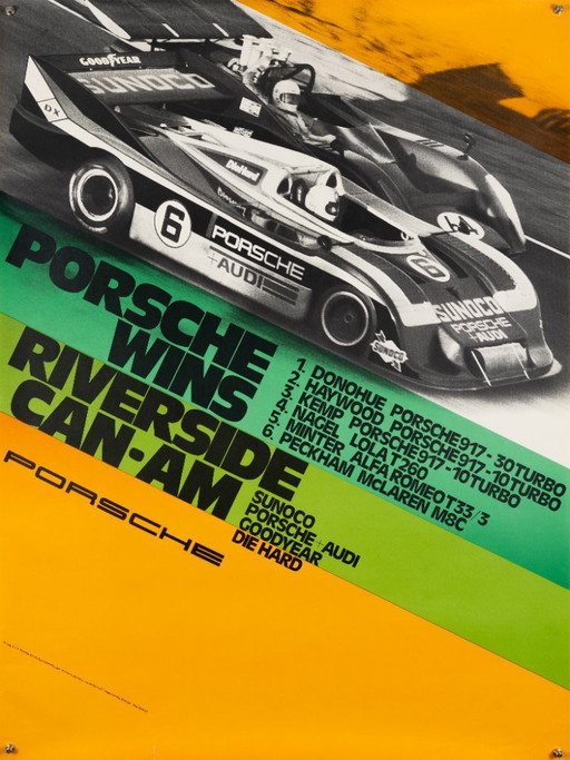 Porsche wint de Riverside CAN-AM 1973 – Originele vintage Porsche-poster van Atelier Strenger – Mid-Century Modern – 102x76