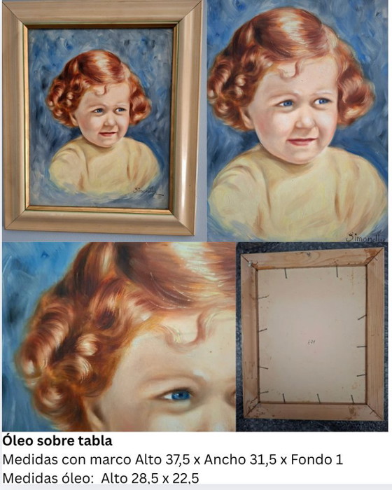 Image 1 of Dipinto ad olio su tavola, firmato, con ritratto di una ragazza dai capelli rossi – Decorazione d'epoca 1940-1950