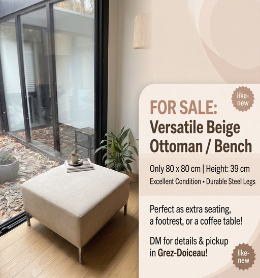 Moderner Hocker oder Bank, beige, mit Stahlbeinen