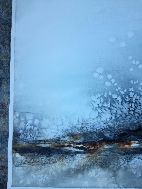 Image 1 of Der erste Schnee fällt, Aquarell und Mischtechnik auf 300-Gramm-Aquarellpapier.