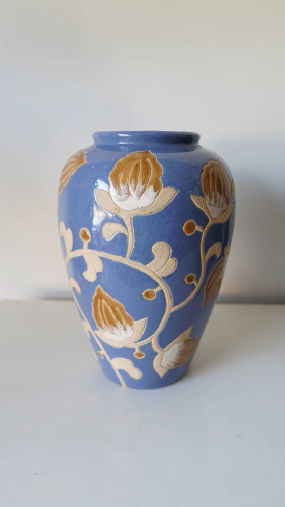 Glazed stoneware vase – floral decoration in relief – Keramis style – 1970s – Porcelain, Art Deco (photo 6 of 9)
