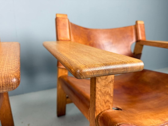 Image 1 of 2x Børge Mogensen Cognac-Leder und Eiche, spanischer Stuhl für Fredericia, 1960