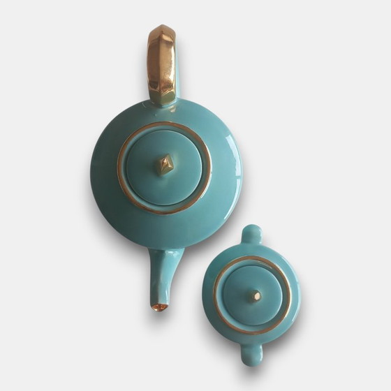 Image 1 of Vintage (1960-1970) handmade design tea set in turquoise glaze with gold accents – teapot and sugar bowl with lid