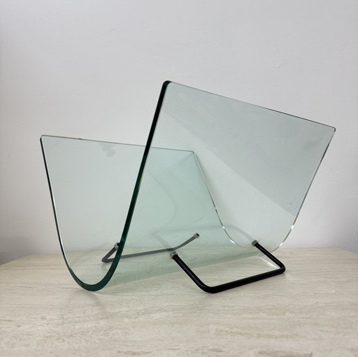 Postmodern Fiam Italy Curved Glass Magazine Rack, 1980s