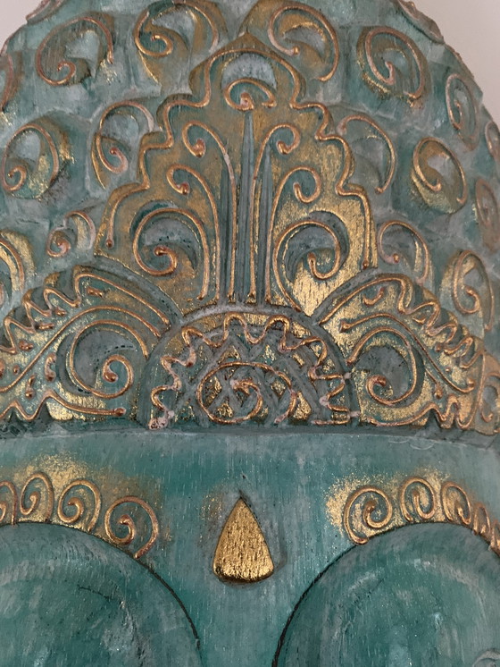 Image 1 of Buddha head wood blue-green and gold