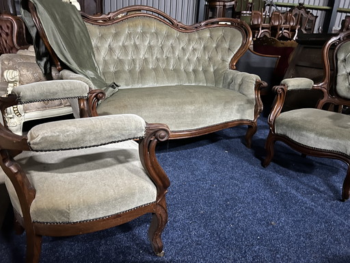 Antique Biedermeier Sofa With Armchairs