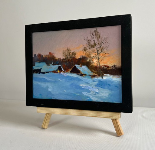 Original Oil Painting Sunset Village Landscape A quiet evening in the snowy glow