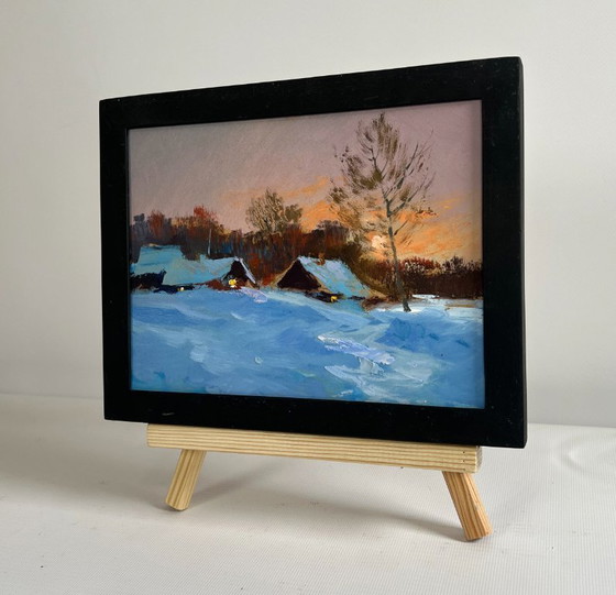 Image 1 of Original Oil Painting Sunset Village Landscape A quiet evening in the snowy glow