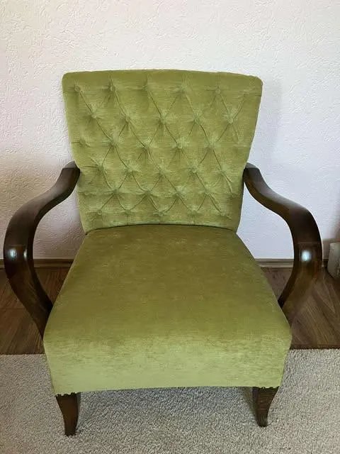 Art Deco Armchair in New Green Velvet, Vintage Lounge Chair, Art Deco Walnut Armchair, 1950s Accent Chair
