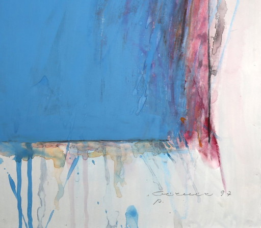 Flache Räume, Blaues Rechteck von Bernd Berner, Gouache Kunst aus 1997