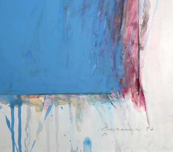 Image 1 of Flat Spaces, Blaues Rechteck von Bernd Berner, Gouache Kunst aus 1997