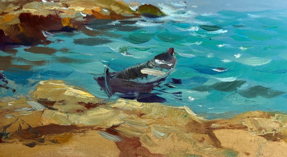 Image 1 of Original Oil Painting Coastal Landscape Admire the sunset at sea