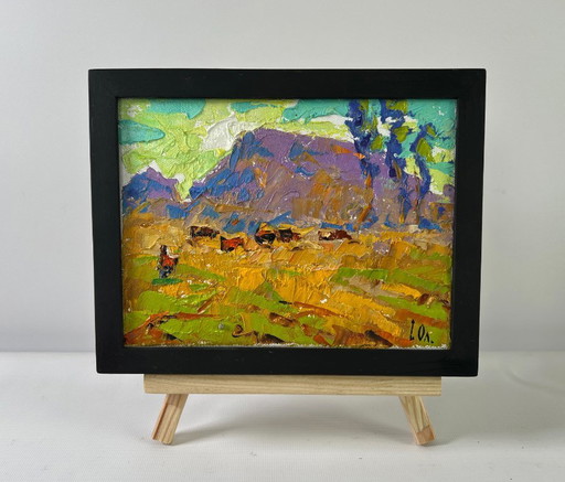 Original Oil Painting Evening Field Landscape Winds over the steppe