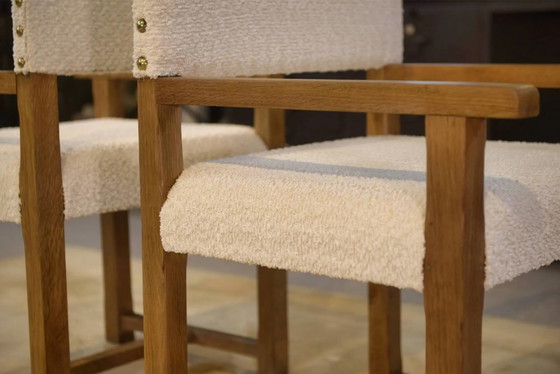 Pair of brutalist armchairs in oak and cream boucle 1950s, White (photo 11 of 14)