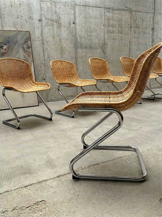 Image 1 of SET OF 6 RATTAN CHROME CANOPY CHAIRS IN THE GASTONE RINALDI STYLE, ITALY 1970s
