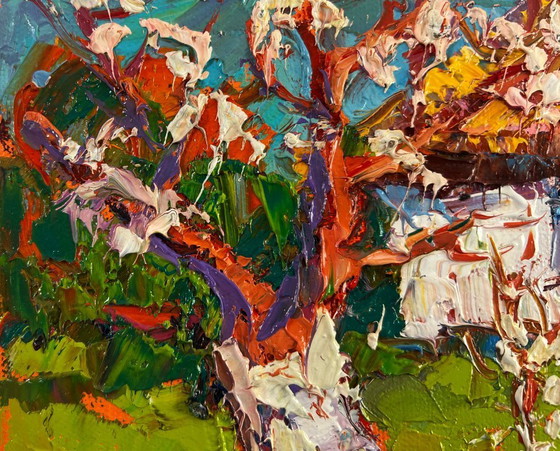 Image 1 of Original Oil Painting Spring Village Landscape Quiet comfort beneath the spreading tree