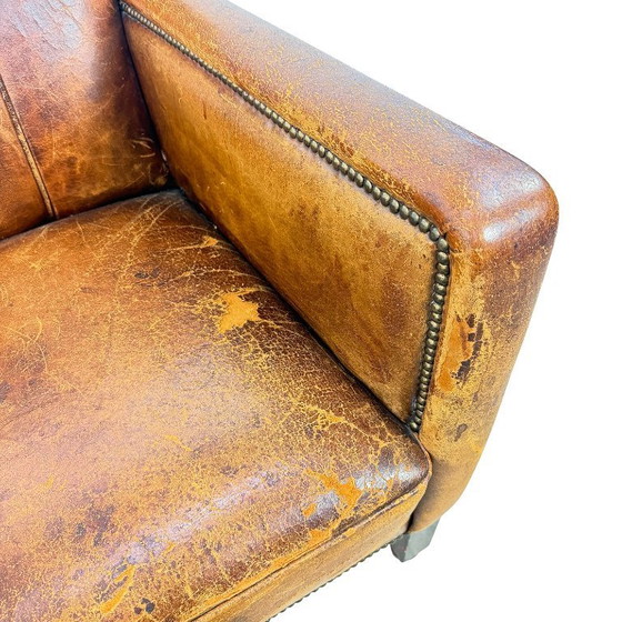 Image 1 of Antieke Franse moustache fauteuil – cognac leren clubstoel – begin 20e eeuw