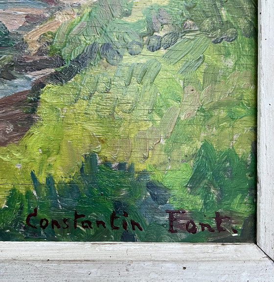 Image 1 of Constantin Font (1890–1954) – Huile originale sur panneau, Paysage français avec pont de pierre, vers 1935