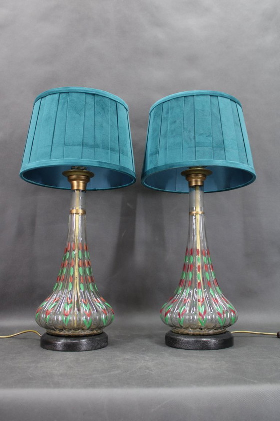 Image 1 of Paire de lampes de table en verre peintes à la main avec abat-jour en tissu neuf, Tchécoslovaquie, années 1960