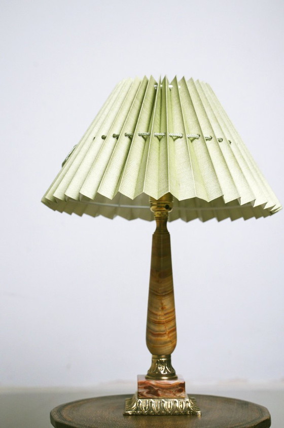 Image 1 of Vintage Pink Onyx Marble Table Lamp with Sage Green Pleated Shade, Italian Brass Bedside Lamp, Art Deco Hollywood Regency Accent