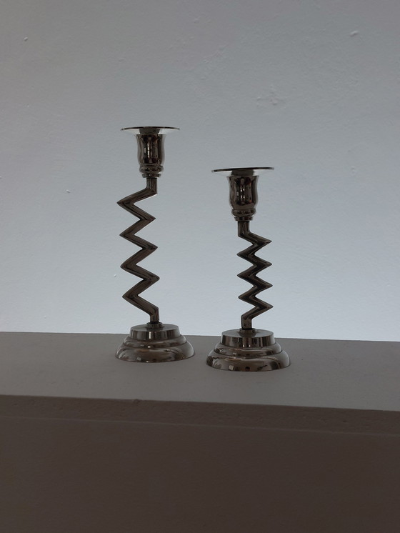 Image 1 of Coppia di candelieri vintage di design, decoro a zigzag, cromati, stile Memphis, anni '80