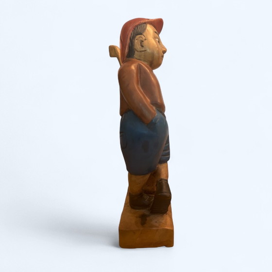 Image 1 of Vintage Hand Carved Wooden Statue - Golf Boy with Golf Clubs