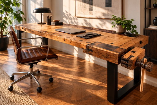 Bureau de Designer Unique | Établi de Charpentier Centenaire | Bois Massif & Résine Époxy