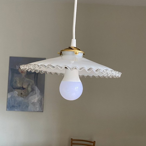 Image 1 of Vintage Pendant Light with White Opaline Glass Shade and Transparent Wavy Edge