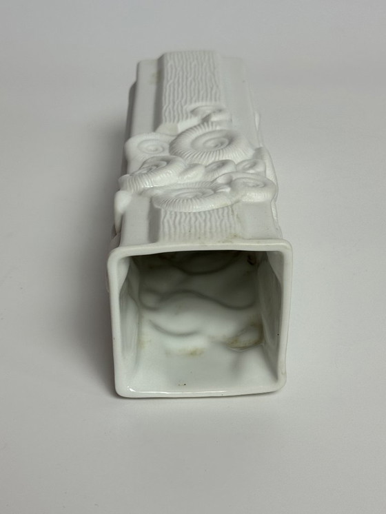 Image 1 of Elegant Square Matte White Porcelain Vase with Fossil Relief by HW Porzellan Karlsbader Wertarbeit Model 568/22. Germany, 1960s.