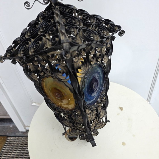 Image 1 of Lanterne de style vénitien avec panneaux en verre ambré, bleu et ambre, années 1960, fer forgé