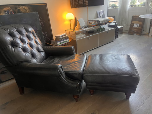 Vintage Chesterfield smoking chair with footstool