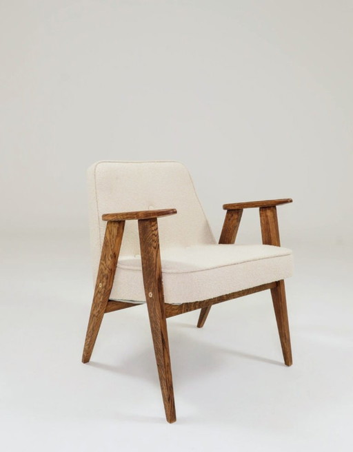 Sedia da salotto vintage in legno di quercia e imbottitura in bouclè Design scandinavo, restaurata, 1960