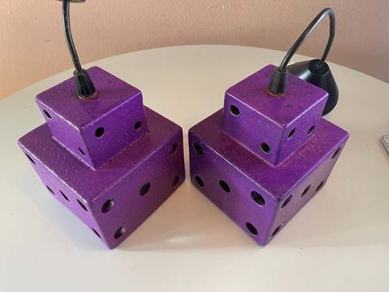 Image 1 of Gave vintage dobbelsteen lampen set. 2 stuks Fat Lava periode! Paars keramiek hanglamp