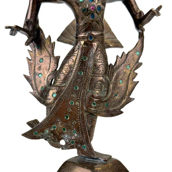 Antiek Thais vuurverguld bronzen Kinnara beeld - 19e eeuw - Ingelegde ogen – Beeldhouwkunst, Glass, Copper (photo 10 of 11)