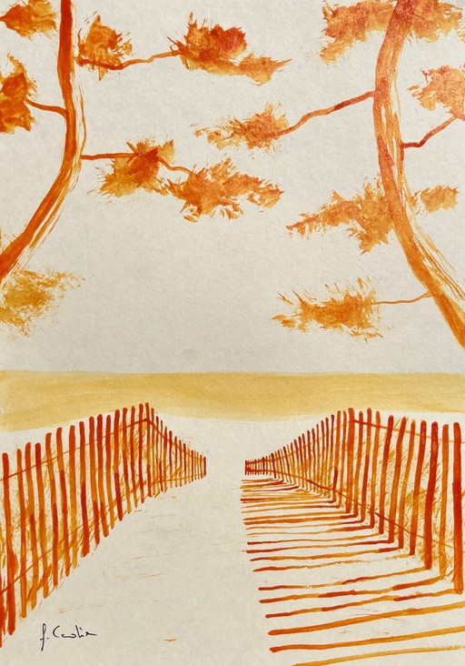 Encre de Chine orange sur papier naturel 250g.  Sujet : sainte-marine.  Format 30x21 cm. 
