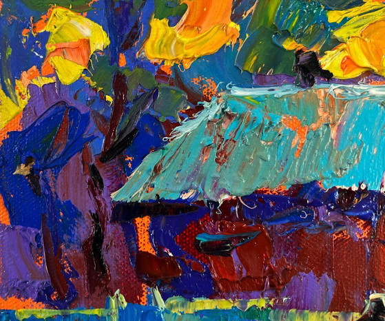 Image 1 of Original Oil Painting Colorful House Landscape Sky disappears into silence
