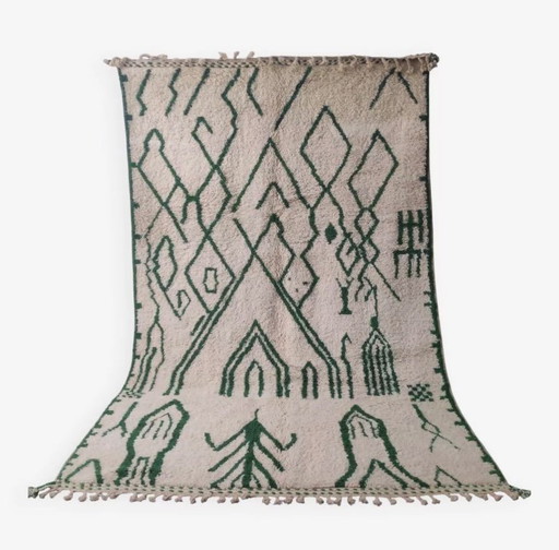 Grand tapis Beni Ouarain écru et vert forêt, motifs berbères abstraits 3x2M