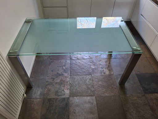 Table de salle à manger design en verre acier inoxydable 165x90x76cm